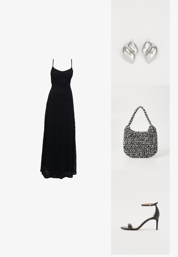 Schwarzes Maxikleid aus Spitze mit dünnen Spaghettiträgern, tailliertem Oberteil, weiter Rock und kunstvollem Spitzenmuster im gesamten Stoff.; Schwarze Leder-high-heeled Sandale mit Knöchelriemen. Verfügt über eine glatte Textur, offene Zehen und einen dünnen Absatz. Goldfarbener Schnallenakzent.; Gewebte Handtasche in Schwarz und Weiß mit runder Form, strukturiertem Oberflächenfinish und geflochtener Grifffläche. Geeignet für den lässigen Gebrauch.; Silberne Ohrringe mit einer organischen, abstrakten Form. Glatte, glänzende Oberfläche mit einem konischen Design. Mit dezenten Kurven und einem zentralen Linienelement.