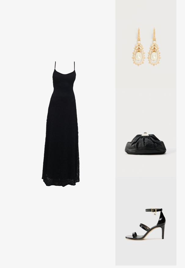 Robe maxi en dentelle noire avec des bretelles spaghetti fines, un corsage ajusté, une jupe évasée et un motif de dentelle complexe sur tout le tissu.; Sandale en cuir verni noir avec trois brides, boucle de cheville et talon aiguille de 10 cm. Présente un détail en métal doré et un charm logo.; Pochette en cuir noir avec une texture plissée, fermeture à fermoir métallique, et logo embossé discret sur le devant. Forme arrondie.; Boucles d'oreilles pendantes en ton or avec des perles fantaisie en forme de larme, entourées de petits cristaux clairs et d'ornements en cristal en forme de feuille.