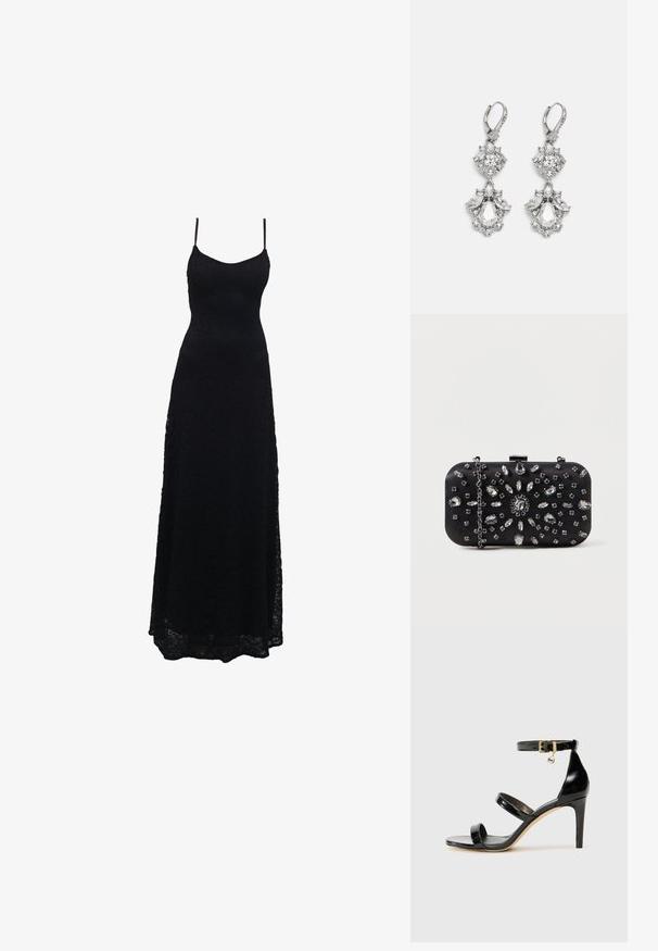 Sort blonde maxikjole med tynde stropper, tætsiddende bodice, udvidet skirt og intrikat blondermønster gennem hele stoffet.; Sorte patenterede lædersandaler med tre stropper, ankelspænde og 10 cm stiletthæl. Har detaljer i guld og et logo charms.; Sort clutch i rektangulær form, pyntet med forskellige rhinsten i et blomsterdesign, med en sølvkæde til at bære.; Sølvfarvede øreringe med flere klare krystalgemstones i dråbe- og marquiseformer, med låse med bøjlestik og detaljeret udsmykning.
