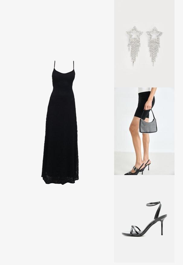 Zwarte kant maxi-jurk met dunne spaghetti-bandjes, getailleerde bovenkant, uitlopende rok en ingewikkeld kantpatroon over de stof.; Zwarte lakleren sandaal met hoge hak, met dunne bandjes die over de tenen kruisen en een enkelriempje met gesp op een witte achtergrond.; Zwarte beaded handtas met een gebogen silhouet, draaghandvat en glanzende textuur. Draagt bij hoge zwarte hakken en strakke zwarte shorts.; Rhinestone ster oorbellen met waterval franje, in een zilverkleurige tint en een glanzend, reflecterend oppervlak. Stervorm met ingewikkeld ontwerp.