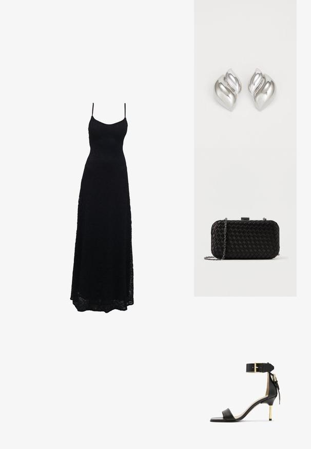 Schwarzes Maxikleid aus Spitze mit dünnen Spaghettiträgern, tailliertem Oberteil, weiter Rock und kunstvollem Spitzenmuster im gesamten Stoff.; Schwarze Leder-Absatzsandale mit quadrater Zehenform, Fesselriemen mit einer goldenen Schnalle und einem schlanken, metallischen Absatz. Glatte Textur, minimalistisches Design.; Schwarze gewebte Clutch in rechteckiger Form, mit Kettenriemen, strukturiertem Oberfläche und metallic Verschluss.; Silberne Ohrringe mit einer organischen, abstrakten Form. Glatte, glänzende Oberfläche mit einem konischen Design. Mit dezenten Kurven und einem zentralen Linienelement.