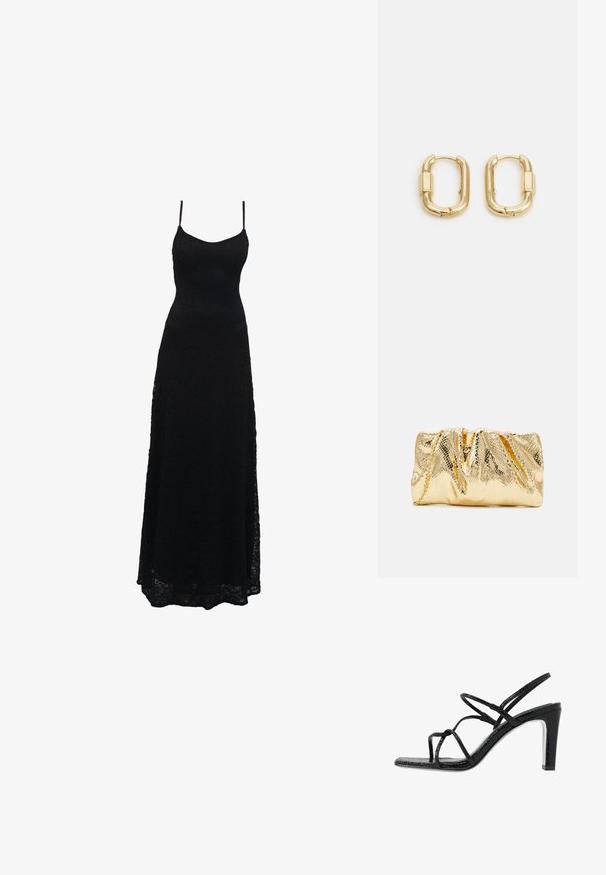 Schwarzes Maxikleid aus Spitze mit dünnen Spaghettiträgern, tailliertem Oberteil, weiter Rock und kunstvollem Spitzenmuster im gesamten Stoff.; Schwarze Absatzsandalen mit dünnen Riemen, strukturiertem Finish, offener Zehenpartie und einem eleganten, spitzen Absatzdesign. Verfügt über eine glatte Innensohle und eine glänzende Oberfläche.; Loeffler Randall SERENA - Clutch - gold-coloured; sweet deluxe DELILAH - Ohrringe - gold-coloured
