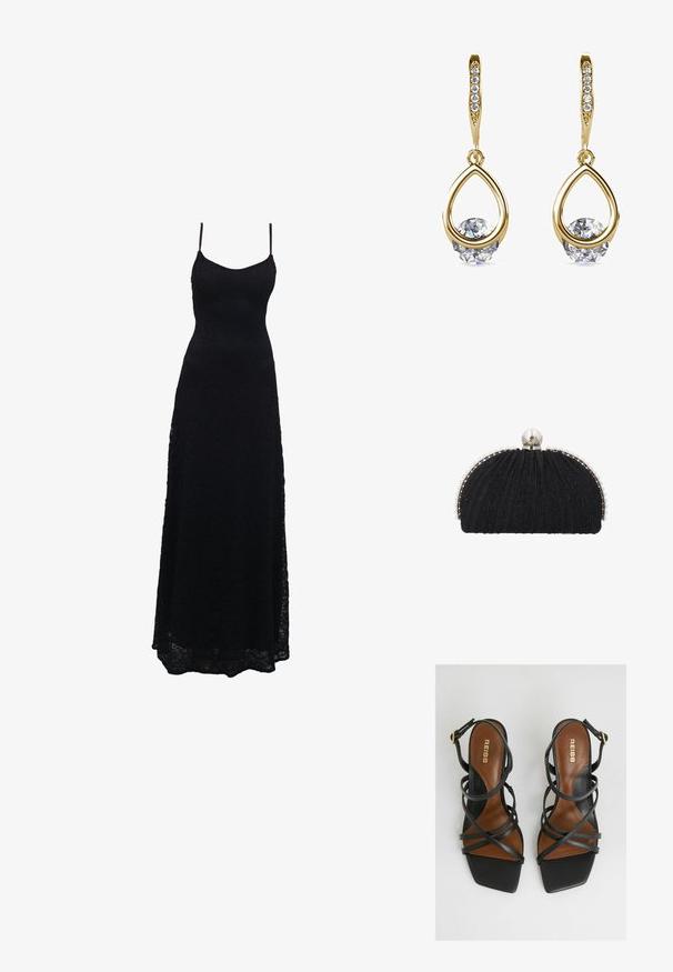Schwarzes Maxikleid aus Spitze mit dünnen Spaghettiträgern, tailliertem Oberteil, weiter Rock und kunstvollem Spitzenmuster im gesamten Stoff.; Schwarze Absatzsandalen mit mehreren schmalen Riemen, quadratischer Zehenpartie, braunen Innensohlen und einem goldenen Schnallen-Detail am Knöchelriemen.; Schwarze Abend-Clutch mit strukturiertem Stoff, eingefasst von einer Reihe kleiner Perlen und einem großen Perlenverschluss oben.; Goldene Tropfenohrringe mit runden, klaren Edelsteinen an der Basis. Texturierter Oberbereich mit kleinen, runden Akzenten entlang des Creolen.