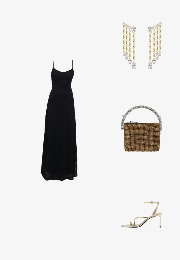 Schwarzes Maxikleid aus Spitze mit dünnen Spaghettiträgern, tailliertem Oberteil, weiter Rock und kunstvollem Spitzenmuster im gesamten Stoff.; Goldene Riemchen-Sandale mit dünnem Fesselriemen und Schnalle, schlankem Absatz und offenem Zeh auf weißem Hintergrund.; Kleine rechteckige Clutch mit goldenen Strasssteinen und einem silbernen Griff aus großen klaren Edelsteinen, mit Reißverschluss oben.; Goldfarbene Ohrringe mit überlappenden Ketten und klaren Kristallakzenten in unterschiedlichen Größen. Das Design umfasst birnen- und rundförmige Kristalle.