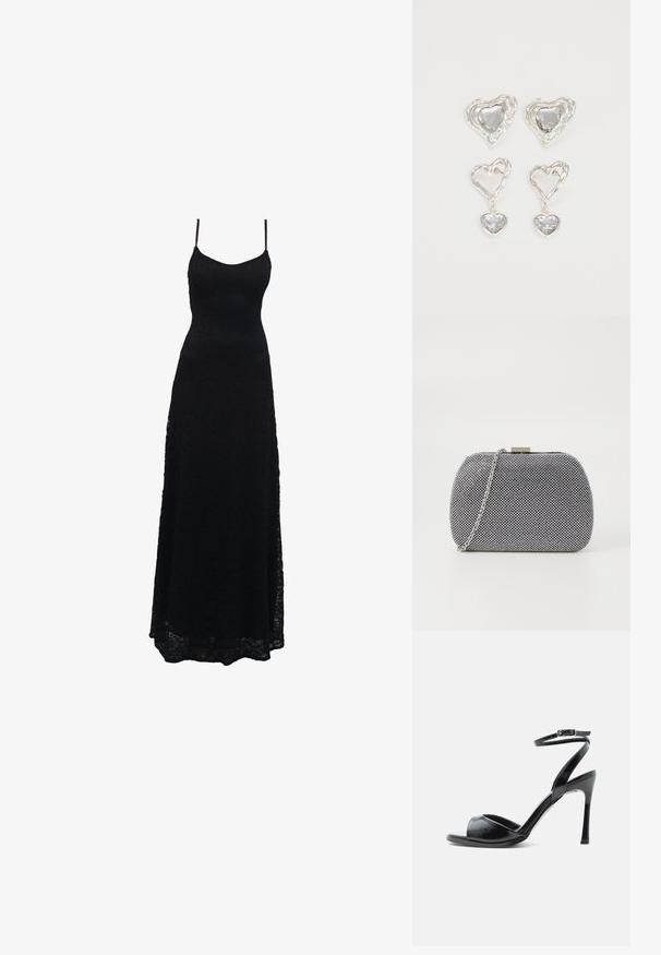 Sort blonde maxikjole med tynde stropper, tætsiddende bodice, udvidet skirt og intrikat blondermønster gennem hele stoffet.; Sort højhælet sandal med åben tå, tynd stilethæl og ankelrem med spænde på hvid baggrund.; Sorte og hvide teksturerede clutch-taske med rund form, sølvfarvet kædetrækt, og en metalspænde på toppen.; Sølvøreringe i hjerteform har facetterede klare sten med en struktureret ramme. Sættet inkluderer både studs og hængende stilarter.