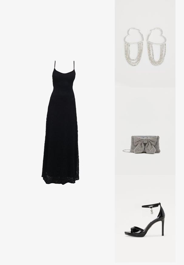 Sort blonde maxikjole med tynde stropper, tætsiddende bodice, udvidet skirt og intrikat blondermønster gennem hele stoffet.; Sorte lakerede højhælede sandaler med åben tå, ankelrem og et sølvcharme som accent. Har et slankt, moderne design.; Glitrende grå håndtaske med en tekstureret overflade, der har en stor sløjfe-accent på forsiden og en kædrem. Kompakt rektangulær form.; Sølv hoops i hjerteform, prydet med hængende strenge af klare rhinsten for ekstra glans og struktur.