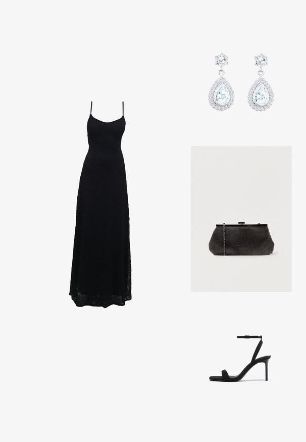 Schwarzes Maxikleid aus Spitze mit dünnen Spaghettiträgern, tailliertem Oberteil, weiter Rock und kunstvollem Spitzenmuster im gesamten Stoff.; Schwarze Sandale mit hohem Absatz, dünnem Knöchelriemen, quadratischer Zehenpartie und Stöckelabsatz vor weißem Hintergrund.; Schwarze Mesh-Clutch mit strukturierter Silhouette, verziert mit kleinen metallic-nieten, besitzt einen Verschluss mit Klappe und einen abnehmbaren Kettenriemen.; Silberne Tropfenohrringe mit einem tropfenförmigen klaren Stein, umgeben von kleineren klaren Steinen, und einem runden Stein oben.