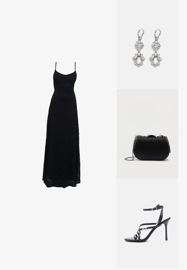 Schwarzes Maxikleid aus Spitze mit dünnen Spaghettiträgern, tailliertem Oberteil, weiter Rock und kunstvollem Spitzenmuster im gesamten Stoff.; Schwarze Sandalette mit hohem Absatz, dünnen Riemen, einem Schnallenverschluss am Knöchel und einem Metall-Logodetail am seitlichen Riemen, vor weißem Hintergrund.; Schwarze Clutch mit einer glatten, matten Oberfläche, runder Form und einem silbernen Kettenriemen. Mit einem geometrischen Verschlussdetail oben.; Silberfarbene Ohrringe mit mehreren klaren Kristallgemmen in Tropfen- und Marquiseformen, mit Klappverschluss und kunstvollen Details.