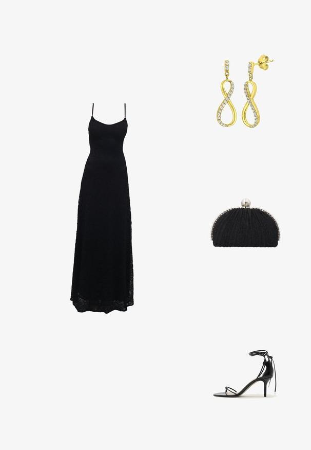 Schwarzes Maxikleid aus Spitze mit dünnen Spaghettiträgern, tailliertem Oberteil, weiter Rock und kunstvollem Spitzenmuster im gesamten Stoff.; Schwarze Sandalette mit dünnen Riemchen, Knöchelband und mittelhohem Stilettabsatz auf weißem Hintergrund.; Schwarze Abend-Clutch mit strukturiertem Stoff, eingefasst von einer Reihe kleiner Perlen und einem großen Perlenverschluss oben.; Goldfarbene Ohrringe in Form eines stilisierten Unendlichkeitssymbols, verziert mit klaren, runden, geschliffenen Kristallen entlang der Kanten. Mit Steckverschluss.