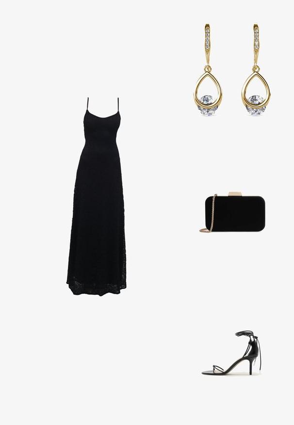 Schwarzes Maxikleid aus Spitze mit dünnen Spaghettiträgern, tailliertem Oberteil, weiter Rock und kunstvollem Spitzenmuster im gesamten Stoff.; Schwarze Sandalette mit dünnen Riemchen, Knöchelband und mittelhohem Stilettabsatz auf weißem Hintergrund.; Schwarze Samt-Clutch mit goldfarbener Hardware, rechteckiger Form und Kettenriemen, mit glatter Textur und ohne sichtbare Muster.; Goldene Tropfenohrringe mit runden, klaren Edelsteinen an der Basis. Texturierter Oberbereich mit kleinen, runden Akzenten entlang des Creolen.
