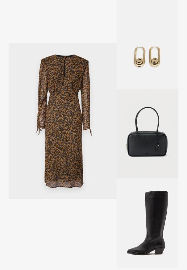 Robe noire et orange à motifs avec des manches longues, taille froncée et détails à nouer sur les manches ; tissu léger et transparent.; Botte en cuir noire mi-mollet avec un bout pointu et un talon bas incliné sur un fond clair uni.; Sac à main rectangulaire noir avec doubles poignées arrondies, fermeture éclair dorée et logo "HUGO" embossé sur le devant avec une étiquette en cuir attachée.; BOSS DOUBLE B SWING - Boucles d'oreilles - gold-coloured