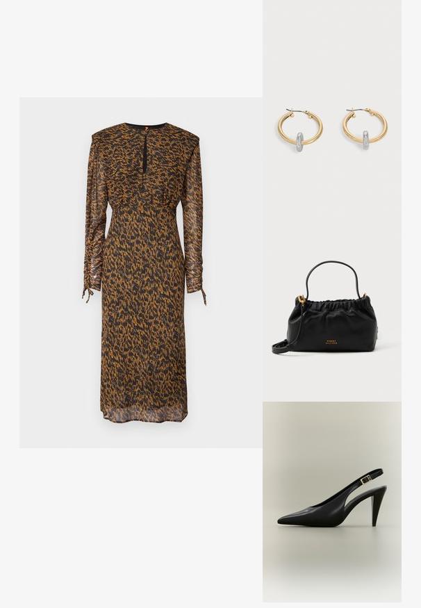 Robe noire et orange à motifs avec des manches longues, taille froncée et détails à nouer sur les manches ; tissu léger et transparent.; Escarpin à bride arrière en cuir noir avec bout pointu, boucle dorée et talon effilé sur un fond neutre.; Sac à main en cuir noir avec un haut froncé, une courte poignée et une bandoulière amovible. Présente un accent logo en or et une texture lisse.; Paire de boucles d'oreilles créoles dorées avec un petit détail boucle ton argent sur chaque, exposées sur fond gris clair.
