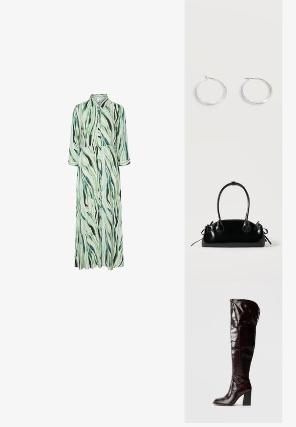 Robe longue boutonnée avec col et manches 3/4, présentant un motif abstrait rayé vert, noir et blanc.; Bottes en cuir bordeaux glacé montant jusqu'au genou, avec un bout carré et un talon bloc, présentant un design ample et des détails de couture minimalistes.; Petit sac à main noir brillant avec deux longues anses et des détails à cordon sur les côtés sur un fond clair uni.; Boucles d’oreilles créoles en métal argenté avec une surface lisse légèrement incurvée et des fermoirs à clapet sur un fond blanc uni.