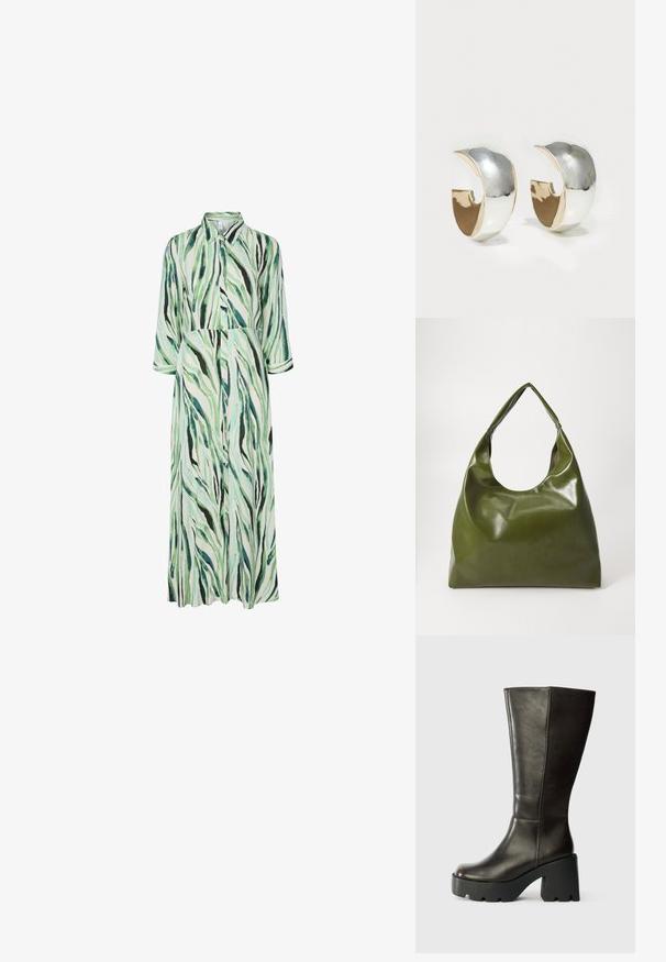 Robe longue boutonnée avec col et manches 3/4, présentant un motif abstrait rayé vert, noir et blanc.; Botte en cuir marron hauteur genoux avec un bout rond, une épaisse plateforme noire et un talon carré. Présente une texture lisse et des détails de couture minimalistes.; Sac hobo en cuir vert au design décontracté, avec une poignée incurvée et une texture lisse. Ne contient aucun matériel ou accent visible.; Uncommon Matters SCULPTED CREOLE - Boucles d'oreilles - silver-coloured/gold-coloured