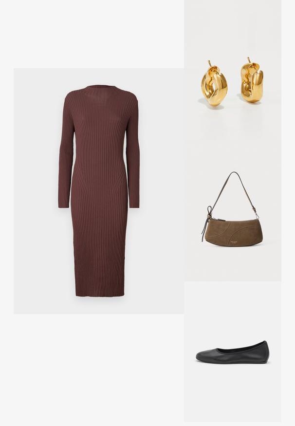 Robe longue côtelée de couleur marron foncé. Dotée d'un col haut et de manches longues avec une silhouette ajustée. La texture est tricotée.; Ballerines en cuir noir avec un bout rond, texture lisse, détails de couture minimalistes et design de semelle flexible.; Sac à bandoulière en daim marron avec une sangle courte, une fermeture éclair et des détails de couture courbes subtils.; Boucles d'oreilles créoles en or massif avec un design tubulaire légèrement tordu et des fermoirs à tige sur un fond blanc.