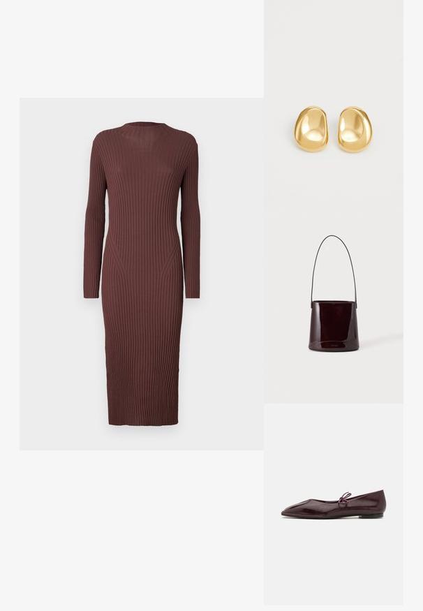 Robe longue côtelée de couleur marron foncé. Dotée d'un col haut et de manches longues avec une silhouette ajustée. La texture est tricotée.; Ballerines en cuir verni bordeaux avec un bout pointu et un nœud décoratif violet sur le cou-de-pied ; design à semelle plate.; Sac seau brun foncé brillant avec une longue sangle fine et des coutures visibles minimales sur un fond clair.; Boucles d'oreilles en forme de clou de couleur or, avec une forme lisse et arrondie et une surface réfléchissante, mettant en avant un design minimaliste sans motifs visibles.