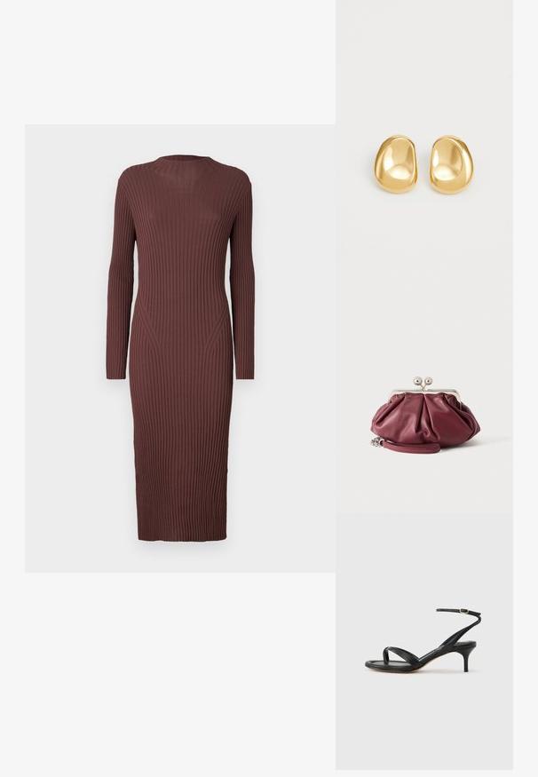Robe longue côtelée de couleur marron foncé. Dotée d'un col haut et de manches longues avec une silhouette ajustée. La texture est tricotée.; Sandale pour femme en cuir noir avec fines lanières, une boucle d'orteil, une boucle à la cheville et un talon aiguille de hauteur moyenne sur un fond neutre.; Petite pochette en cuir bordeaux avec fermoir en métal argenté et bracelet pour poignet sur fond blanc.; Boucles d'oreilles en forme de clou de couleur or, avec une forme lisse et arrondie et une surface réfléchissante, mettant en avant un design minimaliste sans motifs visibles.