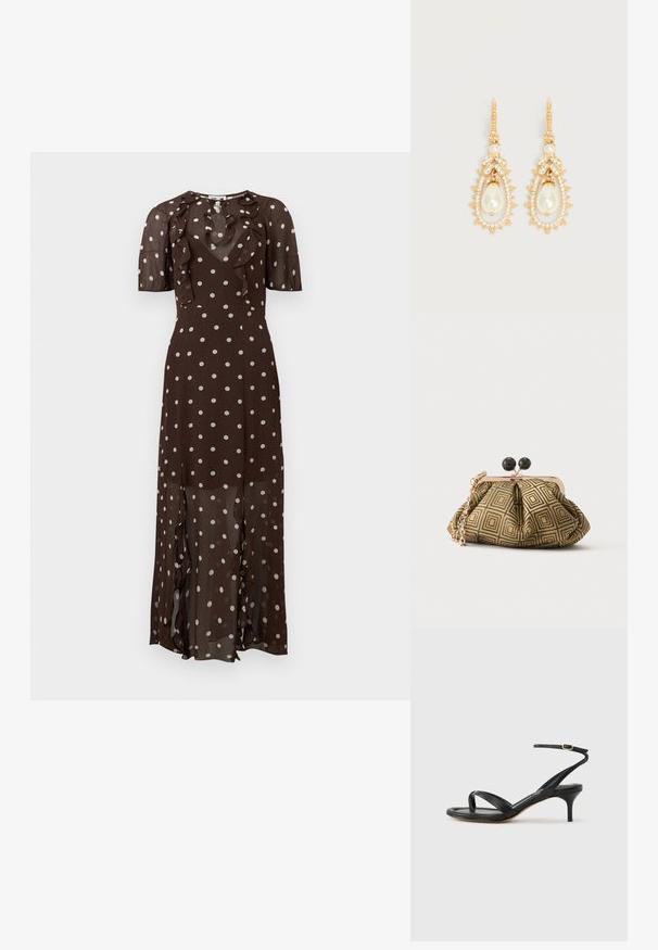 Vestido midi marrón translúcido con lunares blancos, mangas cortas abullonadas, volantes en el escote y la falda, y una abertura en forma de ojo de cerradura en el pecho.; Sandalia negra de cuero para mujer con tiras finas, un lazo para el dedo del pie, hebilla en el tobillo y tacón de aguja de altura media sobre un fondo neutro.; Pequeño bolso de mano con patrón geométrico en dorado y negro, marco metálico dorado, cierre de bola negro y una corta correa de cadena dorada.; Pendientes colgantes tono dorado con perlas falsas en forma de lágrima, rodeadas de pequeños cristales claros y acentos de cristal con forma de hoja.