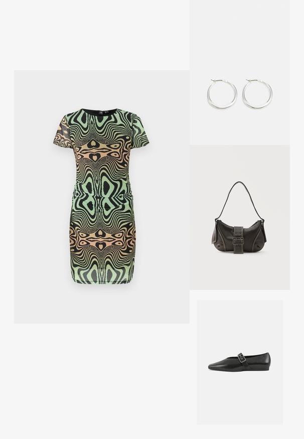 Robe à manches courtes en vert, noir et pêche avec un motif tourbillonnant. Présente un design ajusté et un col rond ; fabriquée en tissu texturé.; Chaussure plate en cuir noir avec un orteil pointu, présentant une sangle à boucle métallique sur le cou-de-pied et une semelle basse et flexible.; Sac à épaule en cuir noir avec une sangle à boucle, des bords arrondis et des coutures blanches contrastées sur un fond uni.; Les boucles d'oreilles en argent en forme de créole présentent un design lisse et arrondi avec un profil fin et un fermoir sécurisé. Style minimaliste avec une finition polie.
