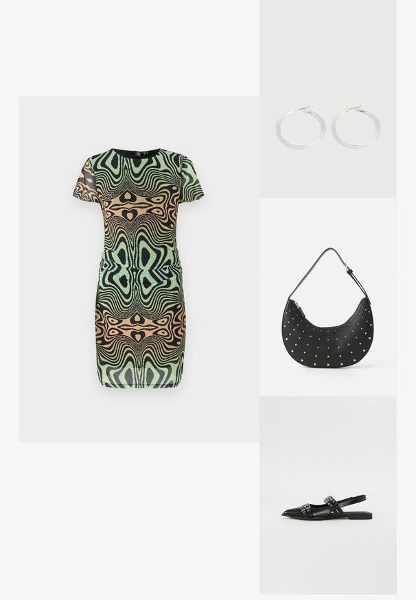 Robe à manches courtes en vert, noir et pêche avec un motif tourbillonnant. Présente un design ajusté et un col rond ; fabriquée en tissu texturé.; Even&Odd by Zalando Ballerines à brides arrière - black; Sac à main en cuir noir avec une forme arrondie, orné de clous en argent, doté d'une fermeture éclair et d'une seule sangle ajustable.; Paire de boucles d'oreilles créoles argentées brillantes avec fermoirs en fil fin, présentée sur un fond gris clair.