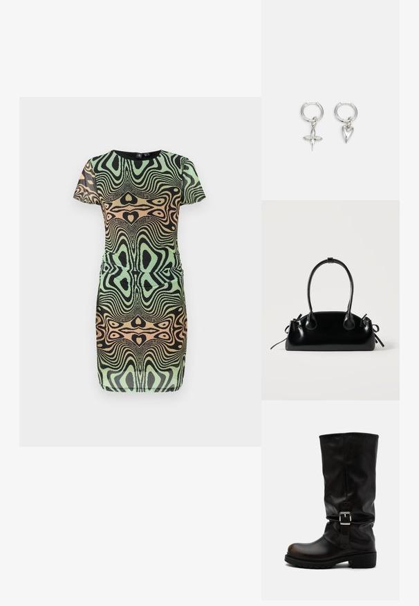 Robe à manches courtes en vert, noir et pêche avec un motif tourbillonnant. Présente un design ajusté et un col rond ; fabriquée en tissu texturé.; Botte haute en cuir noir avec bout arrondi, talon bas, bride à boucle latérale et tige légèrement relâchée sur fond blanc.; Petit sac à main noir brillant avec deux longues anses et des détails à cordon sur les côtés sur un fond clair uni.; Boucles d'oreilles en argent en forme de cerceau avec un charme croix et cœur. Texture lisse et brillante avec une finition polie. Chaque charmepend d'une boucle sécurisée.