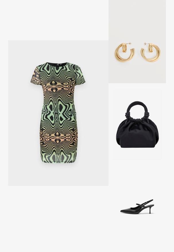 Robe à manches courtes en vert, noir et pêche avec un motif tourbillonnant. Présente un design ajusté et un col rond ; fabriquée en tissu texturé.; Talons aiguilles noires en cuir avec un bout pointu, une fine bride réglable, et un talon aiguille d'environ 5 cm, texture lisse.; Sac à main en tissu noir doux avec haut froncé et poignées circulaires rembourrées nouées de chaque côté.; Paire de boucles d'oreilles créoles doubles en or brillant avec attaches à tige sur fond blanc.