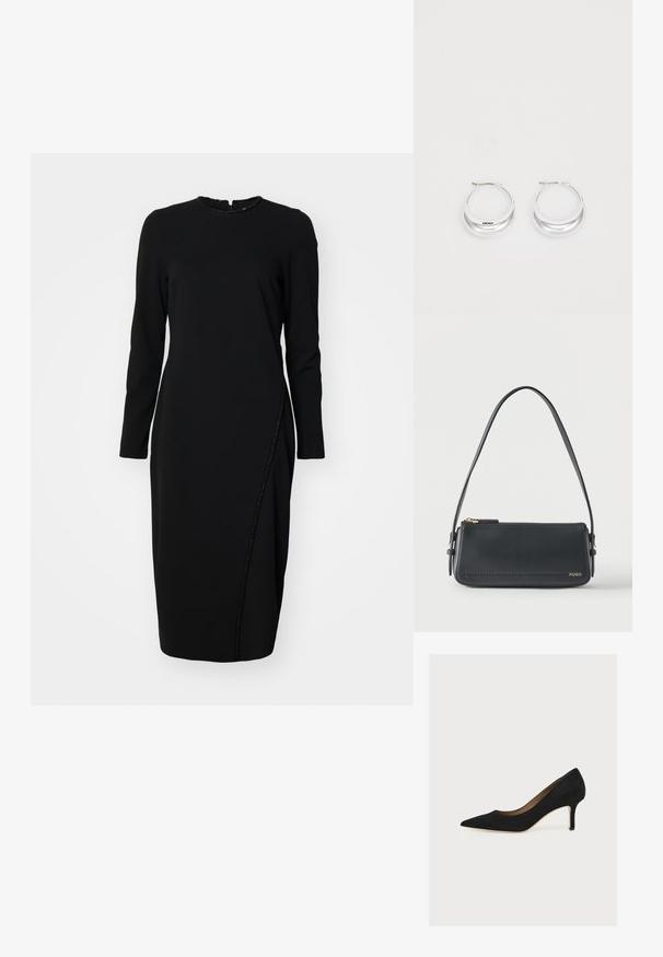 Schwarzes Langarmkleid mit Rundhalsausschnitt und strukturiertem Saum. Verfügt über ein Seitenpaneel mitPerlenverzierungen für zusätzliche Details.; Schwarzer Wildleder-Pumps mit spitzer Zehenpartie, mittelhohem Stilettoabsatz und hellbrauner Innensohle auf hellem Hintergrund.; Schwarze rechteckige Lederschultertasche mit goldenem Reißverschluss und kleinem goldenem "HUGO"-Logo auf der Vorderseite, mit verstellbarem Riemen und Schnalle.; Silberne Creolen mit glänzender Oberfläche und DKNY-Logo, vor einem schlichten weißen Hintergrund präsentiert.