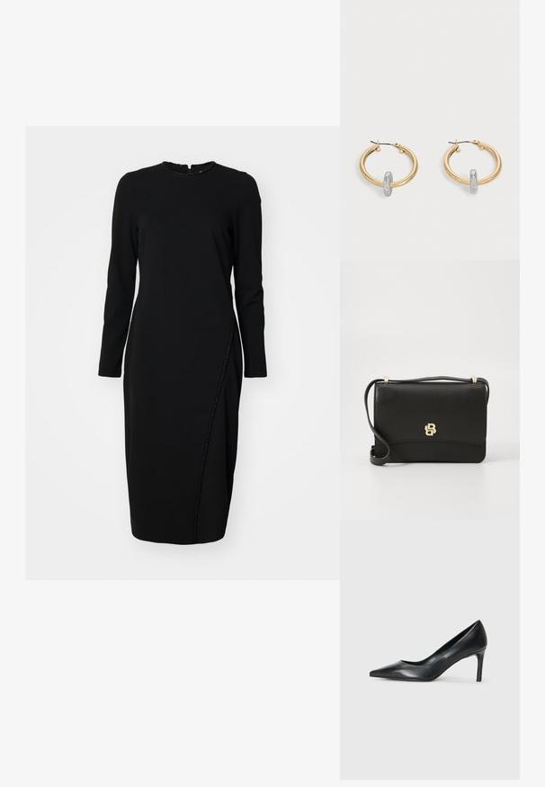 Schwarzes Langarmkleid mit Rundhalsausschnitt und strukturiertem Saum. Verfügt über ein Seitenpaneel mitPerlenverzierungen für zusätzliche Details.; Schwarze Leder-Pumps mit spitzem Zehenbereich und schmalem Absatz, glatter Textur und ohne sichtbare Verzierungen. Sauberes Design mit minimalistischem Ästhetik.; Schwarze Leder-Umhängetasche mit glatter Textur, ausgestattet mit einem goldenen Logo-Akzent und einem langen, verstellbaren Tragegurt. Kompaktes, rechteckiges Design.; Paar goldfarbene Creolen mit kleinem silberfarbenem Schlaufen-Detail an jeder, vor hellem grauem Hintergrund präsentiert.