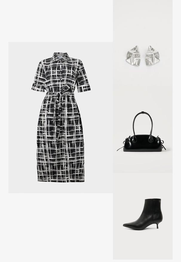 Robe chemise à carreaux noirs et blancs avec manches courtes, boutons sur le devant, taille ceinturée et ourlet arrivant au genou. Confectionnée en tissu léger.; Bottine en cuir noir avec bout pointu et petit talon kitten sur fond clair, vue côté extérieur.; Petit sac à main noir brillant avec deux longues anses et des détails à cordon sur les côtés sur un fond clair uni.; Boucles d'oreilles en métal argenté avec un design ondulé et sculptural, présentant une finition polie et des formes irrégulières, mettant en valeur une esthétique contemporaine.
