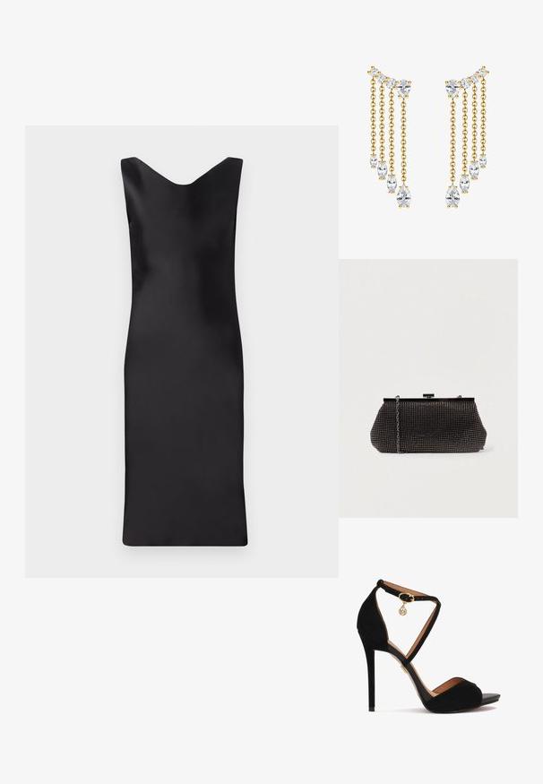Schwarzes Satin ärmelloses Kleid mit V-Ausschnitt, figurbetontem Schnitt und knielanger Länge. Glatte Textur und minimalistisches Design.; Schwarze Wildleder-Hochzeitsandaletten mit gekreuzten Knöchelriemen, goldenen Beschlägen, offenem Zehendesign und einer glatten Lederinnensohle.; Schwarze Mesh-Clutch mit strukturierter Silhouette, verziert mit kleinen metallic-nieten, besitzt einen Verschluss mit Klappe und einen abnehmbaren Kettenriemen.; Goldfarbene Ohrringe mit überlappenden Ketten und klaren Kristallakzenten in unterschiedlichen Größen. Das Design umfasst birnen- und rundförmige Kristalle.