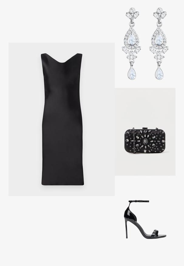 Schwarzes Satin ärmelloses Kleid mit V-Ausschnitt, figurbetontem Schnitt und knielanger Länge. Glatte Textur und minimalistisches Design.; ESTRO Riemensandalette - black; Schwarze Clutch mit rechteckiger Form, verziert mit verschiedenen Strasssteinen in einem floralen Muster, ausgestattet mit einer silbernen Kette zum Tragen.; Elli ANTIQUE DROP - Ohrringe - weiß