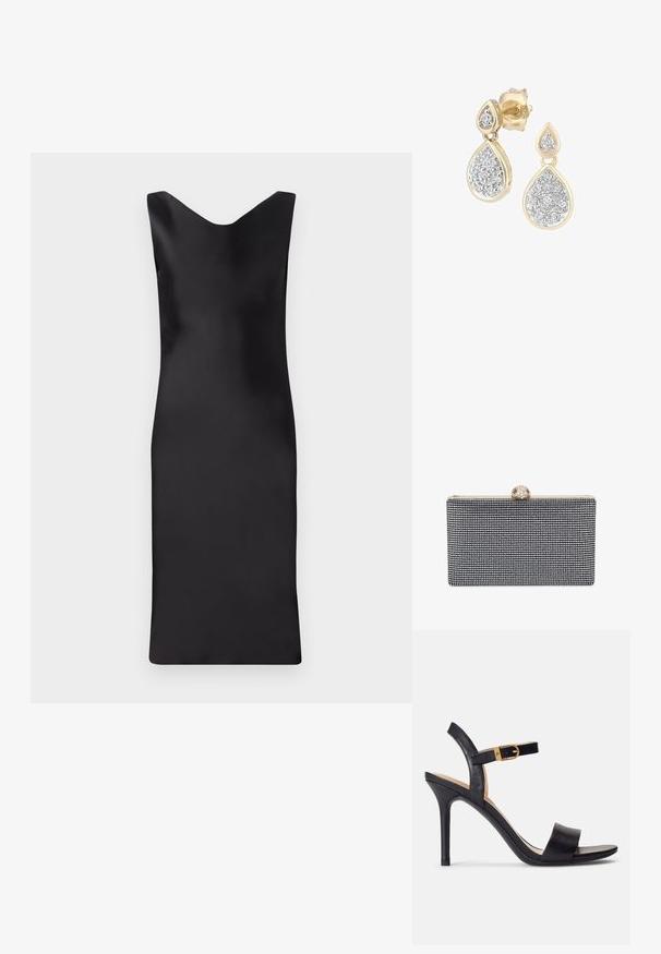 Vestido negro de satén sin mangas con escote en V, silueta ajustada y longitud por debajo de la rodilla. Textura suave y diseño minimalista.; Sandalias de tacón alto negras con parte superior de cuero suave, punta abierta y diseño de tira única con un detalle de hebilla dorada.; Bolso de mano rectangular negro cubierto de pequeños cristales, con un cierre dorado con detalles decorativos en la parte superior.; Pendientes en forma de lágrima con un marco dorado y acentos plateados, adornados con múltiples piedras redondas brillantes en una disposición decorativa.