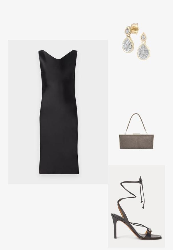 Sort satin uden ærmer med v-udskæring, tætsiddende silhuet og længde til under knæet. Glat tekstur og minimalistisk design.; Sort højhælede sandal med tynde ankelsnore, åben tå og sølvfarvede dekorative ringe på frontrem mod hvid baggrund.; Metallisk clutch taske med et struktureret gråt stofyderste, en sølvramme og et vævet håndtag. Har et spænde lukning.; Dråbeøreringe med en guldramme og sølvdetaljer, prydet med flere små, runde glitrende sten i et dekorativt mønster.