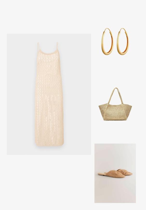 Strikket kjole med en lys beige farve, spaghetti stropper og et åbent hækle mønster. Midt-længde med en løs pasform.; Vævede læder slidesandaler i lysebrun, med et oversized vævet overdelsdesign og en flad sål. Spidse tæer giver et elegant udseende.; Beige flettet stråtaske med bred bund og lange håndtag, velegnet til afslappet brug eller til stranden.; Guldtonede hoops øreringe med en glat, forlænget oval form, en poleret overflade og et let design.