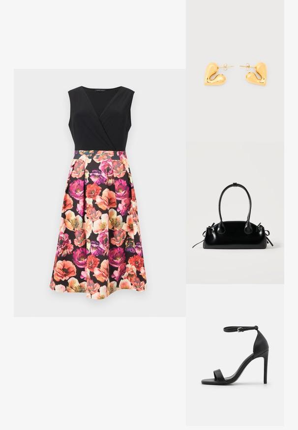 Μαν sleeveless φόρεμα με εφαρμοστή μαύρη μπούστα σε σχήμα V και φουσκωτή φούστα με έντονο ροζ, κόκκινο και πορτοκαλί λουλουδένιο μοτίβο σε μαύρο φόντο.; Μαύρη ψηλοτάκουνη σανδάλι με κομψό σχέδιο, διαθέτει λουρί στον αστράγαλο, ανοιχτή μύτη και λείο δερμάτινο υλικό.; Μικρή μαύρη γυαλιστερή τσάντα με δύο μακριές λαβές και λεπτομέρειες με ρυθμιζόμενο κορδόνι στο πλάι σε απλό ανοιχτό φόντο.; Σκουλαρίκια καρδιές σε χρυσό τόνο με λεία, καμπυλωτή σχεδίαση και κούμπωμα με πεταλούδα σε λευκό φόντο.