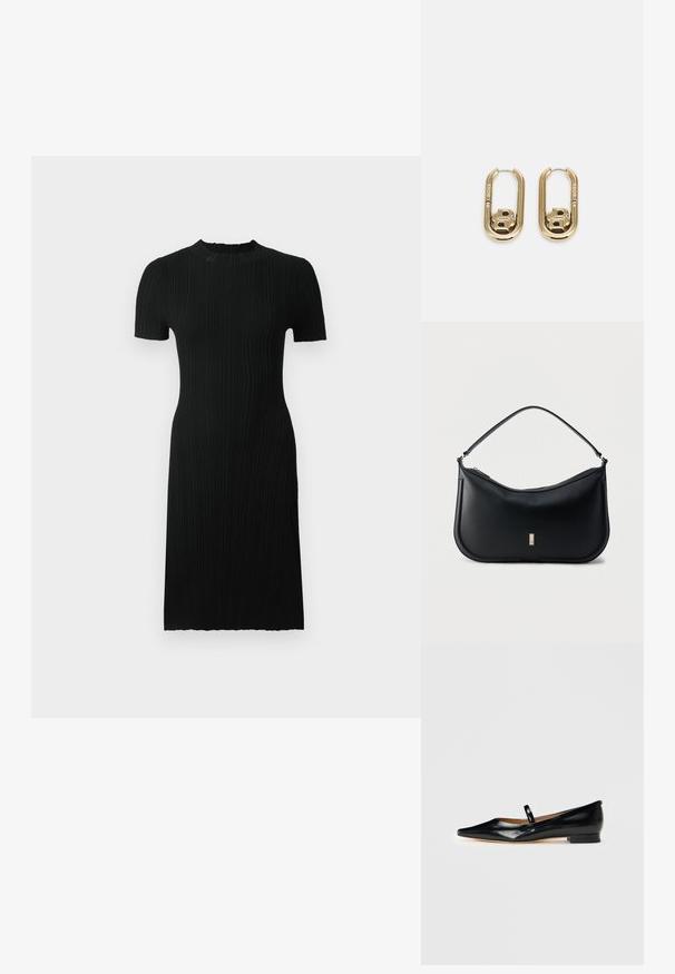 Sort ribbet kjole med korte ærmer, rund neckline, tætsiddende silhuet og knælang. Fremstillet af tekstureret stof med lodrette linjer.; Sorte patenterede læder Mary Jane flade sko med spids tå, én rem og lav hæl på ensfarvet baggrund.; Sort skuldertaske i læder med en enkelt strop, minimalistisk design, buet bund og en lille gylden rektangulær logoplade foran.; BOSS DOUBLE B SWING - Øreringe - gold-coloured