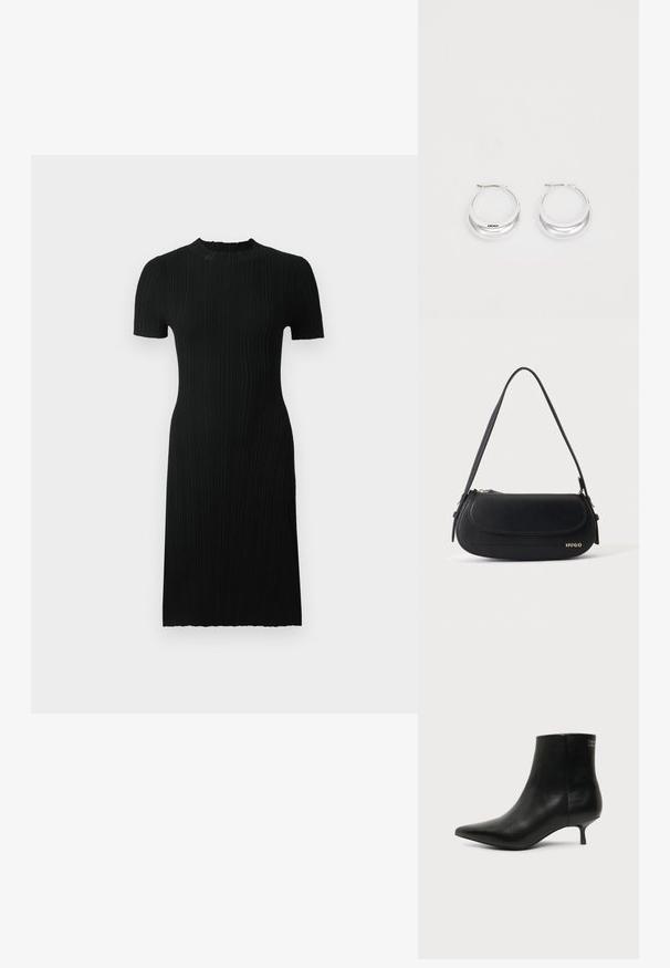 Vestido negro de canalé con mangas cortas, escote redondo, silueta ajustada y hasta la rodilla. Hecho de una tela texturizada con líneas verticales.; Botín de piel negra con puntera puntiaguda y tacón bajo estilo kitten sobre fondo claro, mostrando vista lateral exterior.; Bolso de hombro de cuero negro con solapa curva, logo dorado "HUGO" en el frente y una correa ajustable.; Pendientes de aro de plata con un acabado pulido y la marca DKNY, exhibidos sobre un fondo blanco liso.