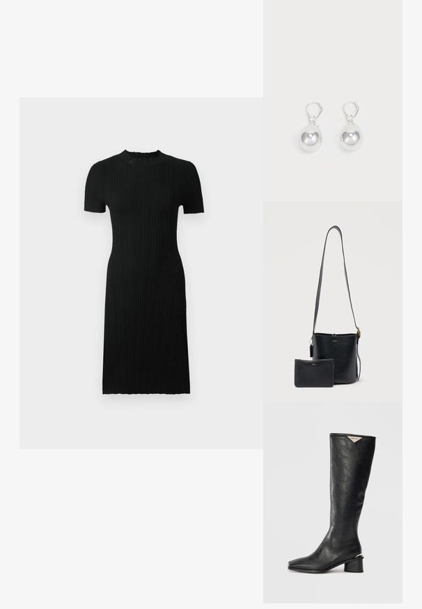 Robe noire côtelée à manches courtes, décolleté rond, silhouette ajustée et longueur genou. Fabriquée en tissu texturé avec des lignes verticales.; Botte noire montante en cuir lisse, avec un bout carré et un talon bloc moyen avec un accent métallique sur le talon.; Sac bandoulière en cuir noir avec sangle réglable et petite pochette assortie zippée, toutes deux ornées d'un discret logo Coach doré.; Boucles d'oreilles en argent en forme de goutte avec des surfaces lisses, rondes et réfléchissantes, suspendues à des fermoirs à ressort. L'arrière-plan est blanc uni.