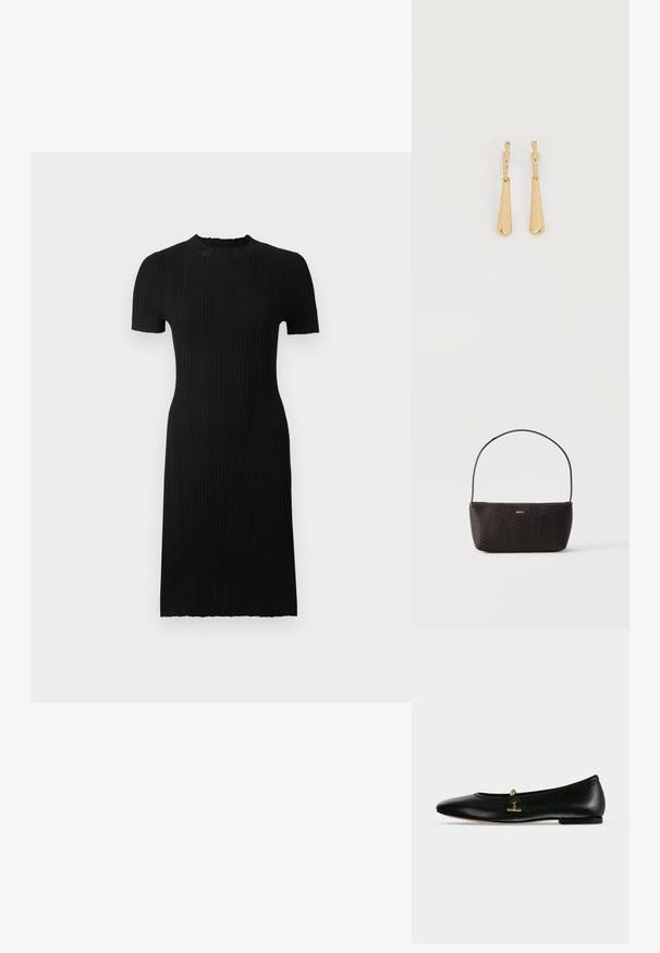 Vestido negro de canalé con mangas cortas, escote redondo, silueta ajustada y hasta la rodilla. Hecho de una tela texturizada con líneas verticales.; Zapato plano de cuero negro con una pequeña cadena dorada y detalle de barra en la parte superior, puntera redondeada y tacón bajo.; Bolso tejido negro con textura, con una sola correa para el hombro y pequeño logo dorado "BOSS" en el centro delantero.; Pendientes colgantes en tono dorado con colgantes alargados y suaves en forma de lágrima, colgando de cierres de aros pequeños sobre un fondo blanco.