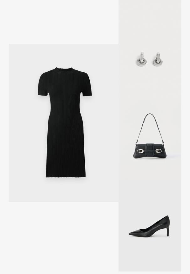 Vestido negro de canalé con mangas cortas, escote redondo, silueta ajustada y hasta la rodilla. Hecho de una tela texturizada con líneas verticales.; Zapato de salón negro de piel con punta afilada y tacón delgado de altura media sobre un fondo liso de color gris claro.; Bolso de hombro de cuero negro con dos hebillas plateadas y correa ajustable, con el logo "HUGO" en el centro frontal.; Par de pequeños pendientes de aro plateados brillantes con base redonda, exhibidos sobre un fondo claro y liso.