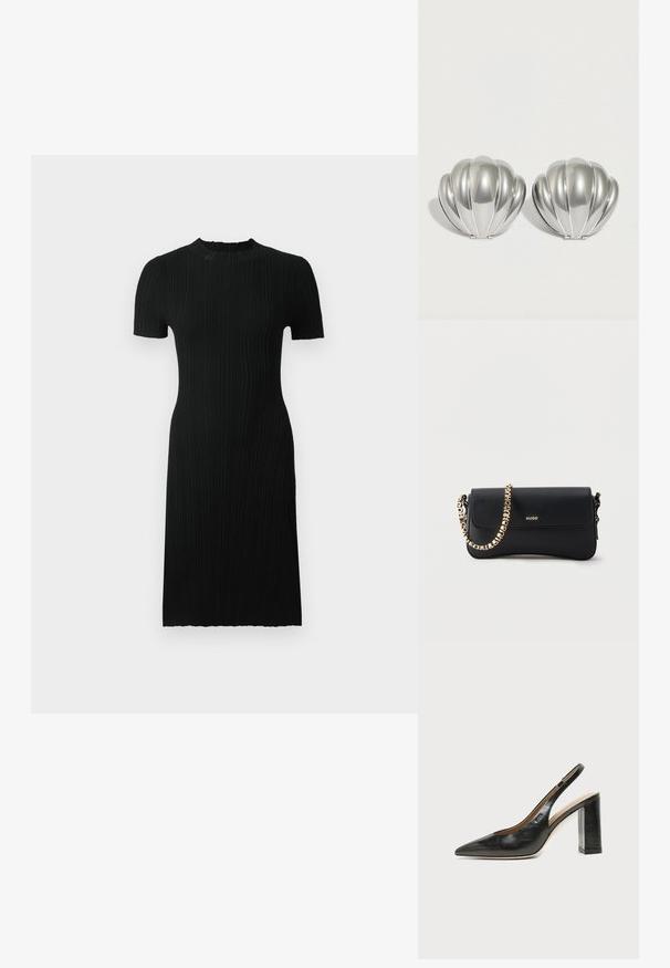 Sort ribbet kjole med korte ærmer, rund neckline, tætsiddende silhuet og knælang. Fremstillet af tekstureret stof med lodrette linjer.; Sort læder peep-toe slingback sko med høj blokhæl og beige indvendig foring mod en ensfarvet lys baggrund.; Sort Hugo skuldertaske med flaplukning og guldkæde-rem med gentaget "HUGO" bogstaver.; To sølvfarvede kompakte spejle formet som muslingeskaller med ribbede detaljer, placeret side om side på en hvid baggrund.