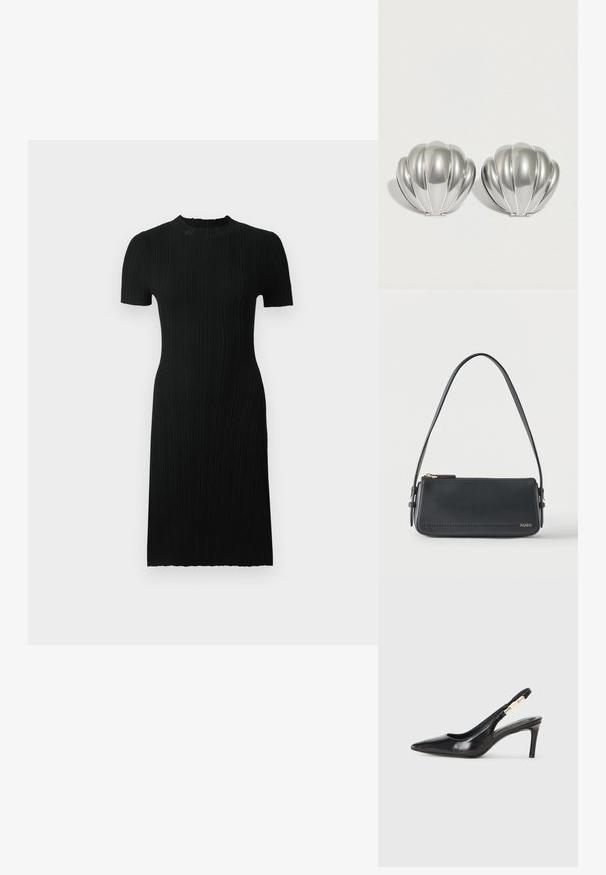 Sort ribbet kjole med korte ærmer, rund neckline, tætsiddende silhuet og knælang. Fremstillet af tekstureret stof med lodrette linjer.; Sort læder slingback højhælede sko med spidse tæer, glat overflade og en smal ankelrem med guldfarvede hardware detaljer.; Sort rektangulær skuldertaske i læder med guld lynlås og lille guld "HUGO"-logo på fronten, med justerbar strop med spænde.; To sølvfarvede kompakte spejle formet som muslingeskaller med ribbede detaljer, placeret side om side på en hvid baggrund.