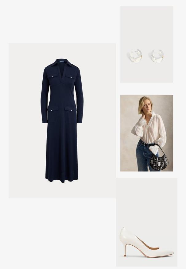 Robe bleu marine à manches longues avec un col en V profond, un col et quatre poches avant à rabat boutonnées, s’arrêtant sous les genoux.; Escarpin en cuir verni blanc à talon haut avec un bout pointu et un décolleté bas, présentant une texture lisse et un talon fin de 7,5 centimètres.; Femme aux cheveux blonds courts, portant un chemisier blanc et un jean bleu, tenant un sac à main noir clouté avec une seule anse.; Paire de boucles d'oreilles créoles en métal argenté avec un design découpé géométrique, présentée sur un fond uni gris clair.