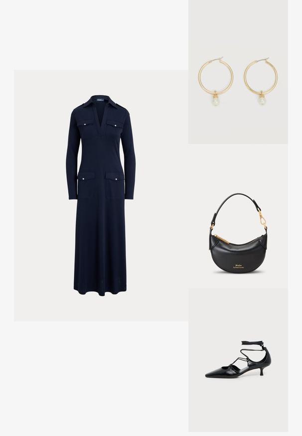 Robe bleu marine à manches longues avec un col en V profond, un col et quatre poches avant à rabat boutonnées, s’arrêtant sous les genoux.; Chaussure noire à bout pointu et talon kitten avec brides autour de la cheville et détails découpés sur les côtés, présentée sur un fond uni clair.; Boucles d'oreilles créoles en or, chacune ornée d'une seule perle blanche suspendue et d'un petit détail en strass sur un fond clair.; Petit sac à main en cuir noir avec fermeture éclair et fermoir dorés, bandoulière courte et logo Polo by Ralph Lauren en lettres dorées à l'avant.