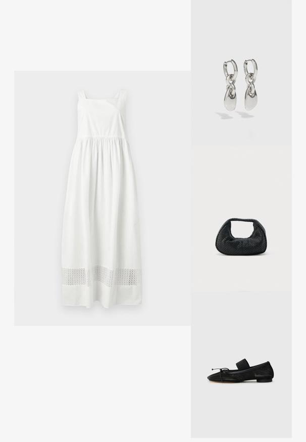 Robe longue blanche sans manches avec taille froncée et bande découpée à motifs près de l'ourlet, présentée sur fond gris.; Chaussure plate noire avec un bout pointu, fabriquée en tissu texturé, avec un accent à nœud et un petit talon rond. Sangle élastique au niveau de la cheville.; Sac hobo tissé noir avec une structure souple et une poignée intégrée, présenté sur un fond clair uni.; Boucles d'oreilles en argent avec des maillons ovales allongés, présentant une finition polie et un pendentif tombant texturé. Design simple avec des bords lisses.