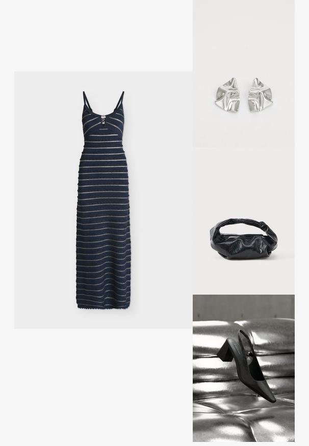 Robe longue sans manches bleu marine avec fines bretelles, rayures argentées horizontales et boutons décoratifs à l'encolure en V.; Escarpin noir à bride arrière avec bout pointu, présentant une surface texturée et un talon bloc épais. Posé sur un fond métallique brillant.; Sac noir en matériau texturé et brillant avec une poignée circulaire torsadée et une fermeture éclair. Présente un design doux et froissé.; Boucles d'oreilles en métal argenté avec un design ondulé et sculptural, présentant une finition polie et des formes irrégulières, mettant en valeur une esthétique contemporaine.