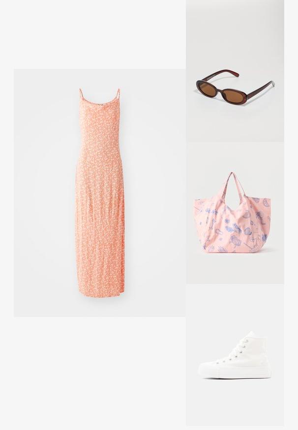Robe maxi en doux mélange de coton, de couleur orange clair avec un motif floral blanc, à fines bretelles et à la silhouette ajustée.; Baskets montantes en toile blanche avec lacets blancs, œillets argentés et une semelle en caoutchouc épaisse sur un fond gris clair.; Lunettes de soleil rondes teinte brun avec une monture bordeaux brillante. Branches fines avec un détail de marque subtil. Design de verres plats.; Sac fourre-tout réutilisable rose avec des dessins au trait bleus représentant une chouette, un crabe, un coquillage, un cocktail, un parapluie et des tranches de fruits.