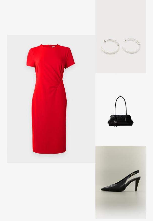 Robe rouge ajustée avec des manches courtes, décolleté rond et détails de fronces sur le côté. Fabriquée en tissu lisse, de conception mi-mollet. Fermeture à glissière au dos.; Escarpin à bride arrière en cuir noir avec bout pointu, boucle dorée et talon effilé sur un fond neutre.; Sac à épaule en cuir noir à texture crocodile, avec de longues sangles et un petit charm logo argenté sur une sangle.; Boucles d'oreilles demi-cercles ton argent avec texture striée et fermoirs à pression sur fond blanc.