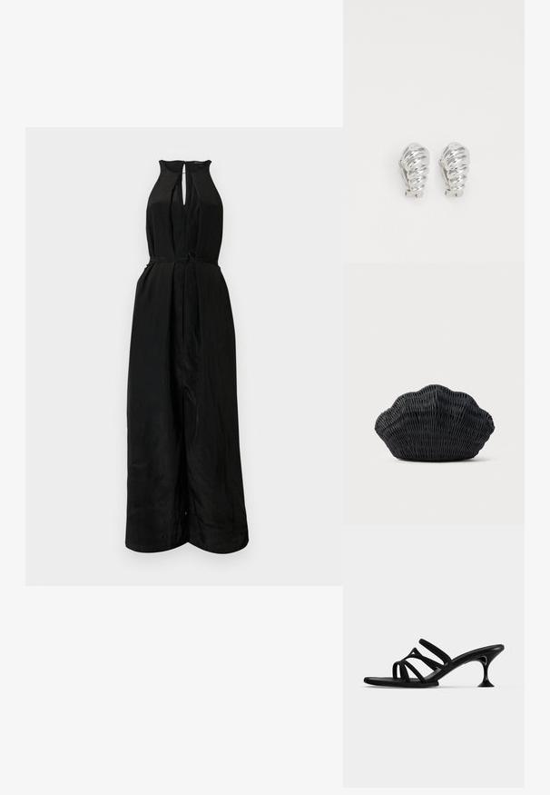 Combinaison noire avec un col halter, un décolleté en trou de serrure et une taille cintrée. Fabriquée dans un tissu lisse et légèrement texturé, elle dispose d'une ceinture à nouer.; Sandale mule noire à fines lanières avec quatre brides et un talon kitten évasé sur un fond clair uni.; Sac à main en osier noir en forme de coquille Saint-Jacques avec un dessus courbé et une texture tressée sur un fond uni.; Boucles d'oreilles en clip argentées avec un design en spirale, présentant une texture métallique lisse et des formes arrondies. Pas d'embellissements ou de motifs visibles.