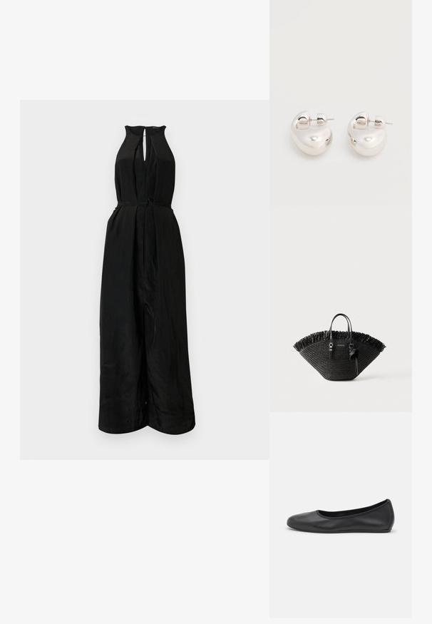 Mono negro con cuello halter, frente con abertura en forma de llave y cintura ajustada. Fabricado con un tejido suave y ligeramente texturizado, cuenta con un cinturón de lazo.; Bailarina de piel negra con punta redondeada, textura suave, detalle de costura minimalista y diseño de suela flexible.; Bolso tote tejido negro con forma amplia de abanico, borde superior con flecos, dos asas y un lazo decorativo en una de las asas.; Par de pendientes llamativos de aro grueso plateado brillante con cierre de poste sobre un fondo blanco liso.